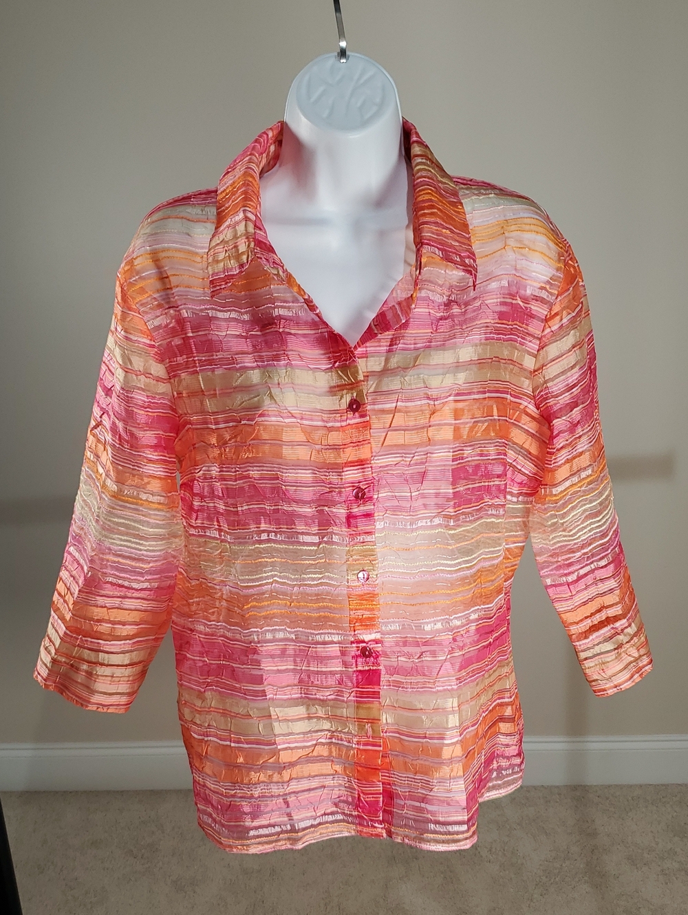 Kim Rogers - Pink and Coral - Striped - Sheer - Shaket With 3/4 Length Sleeves